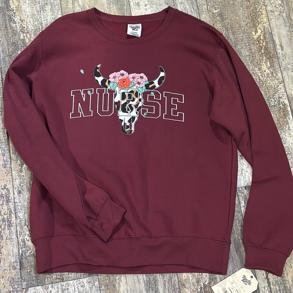 Maroon Nurse Sweatshirt with Floral Skull Design - NWT